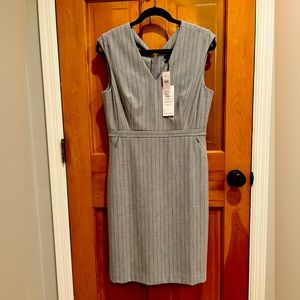 Grey pinstripe Ann Taylor v neck sheath dress; four way stretch material. NWT